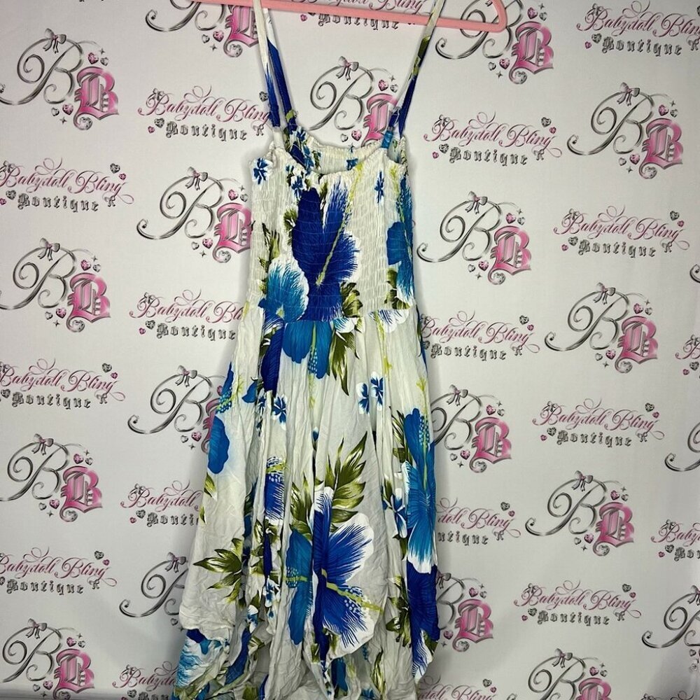 Hawaii dress floral white blue green fairy whimsical asymmetrical hem flowers